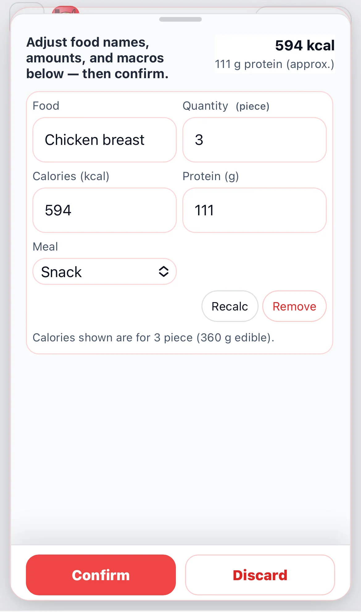 Chick food confirmation screen showing calories and protein