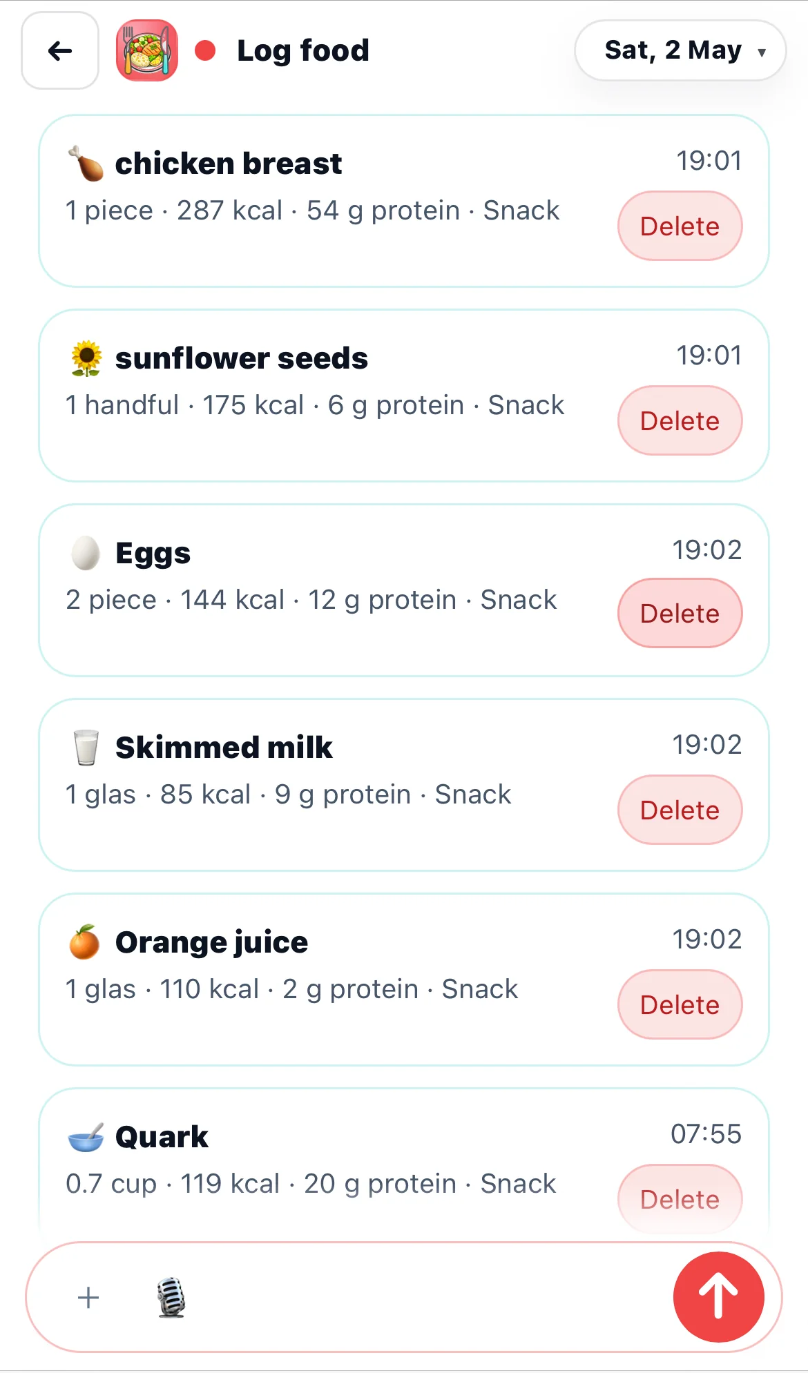 Chick food log screen with logged foods