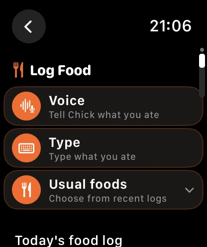 Chick Apple Watch Log Food screen showing Voice, Type and Usual foods options