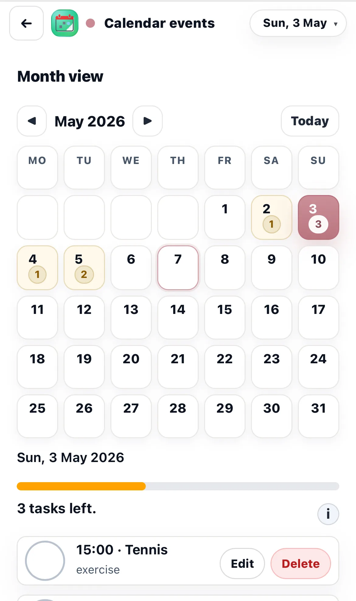 Calendar month view showing planned tasks and food context