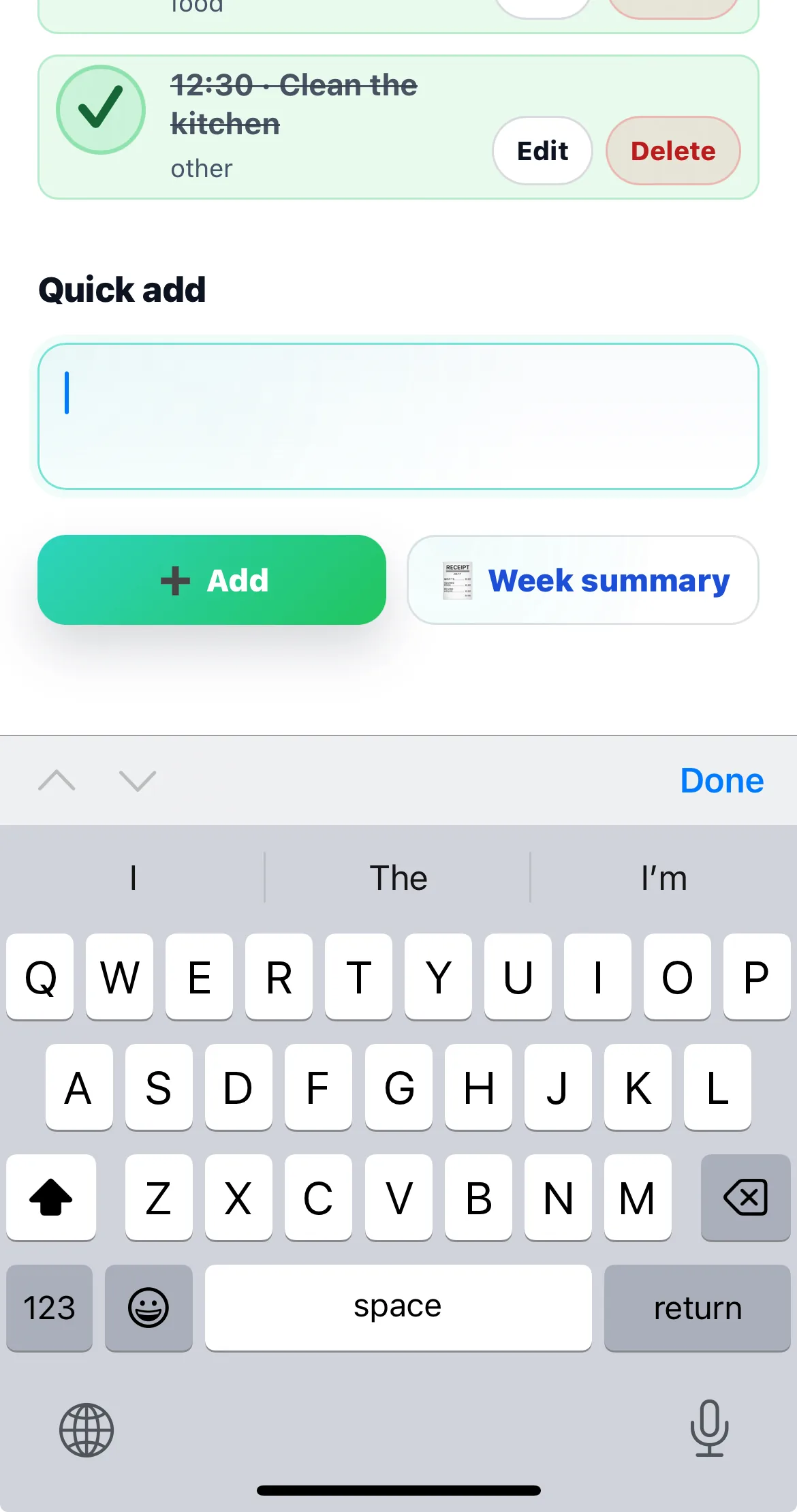 Calendar quick add event screen for planning real life commitments