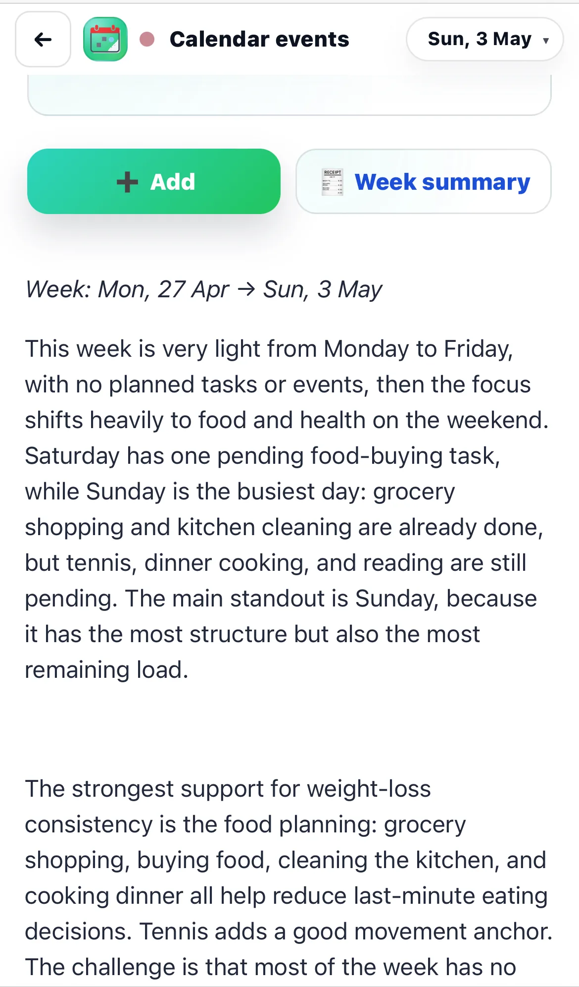 Calendar week summary explaining how the week affected progress