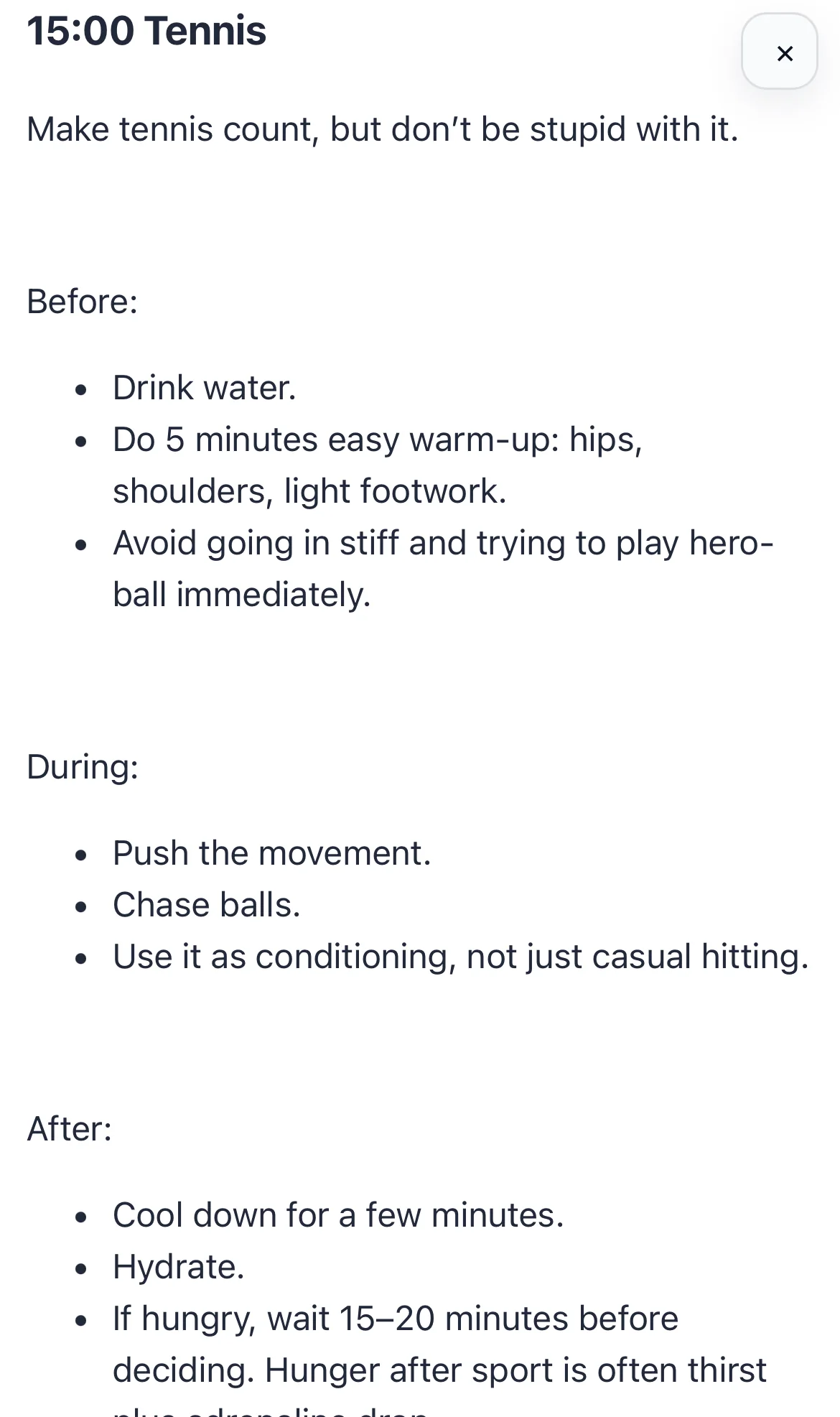Tennis preparation plan in Chick