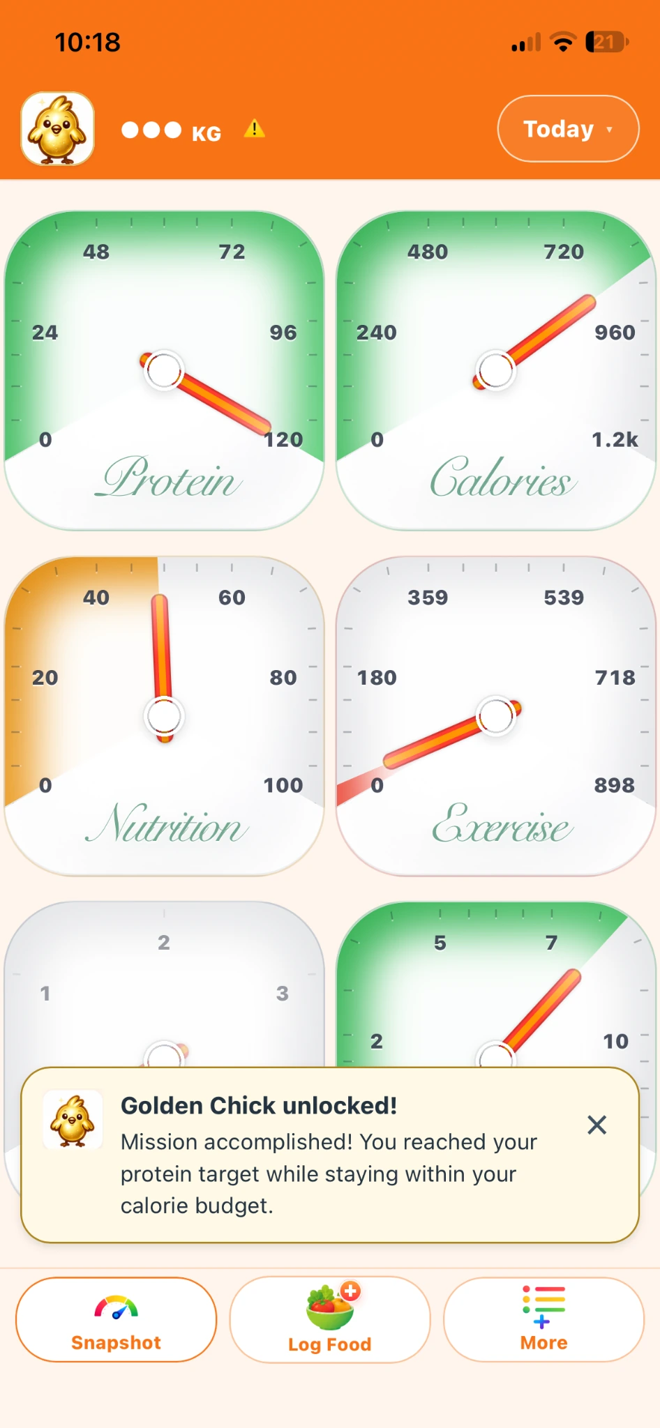 iPhone Snapshot with Golden Chick unlocked after reaching protein target while staying within calories
