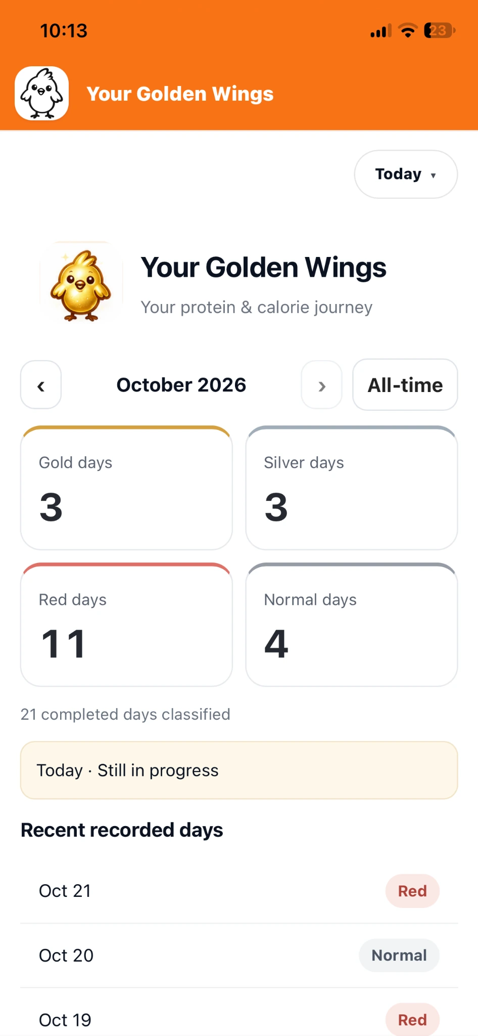 Your Golden Wings iPhone history for October 2026 with three Gold, three Silver, eleven Red and four Normal recorded days