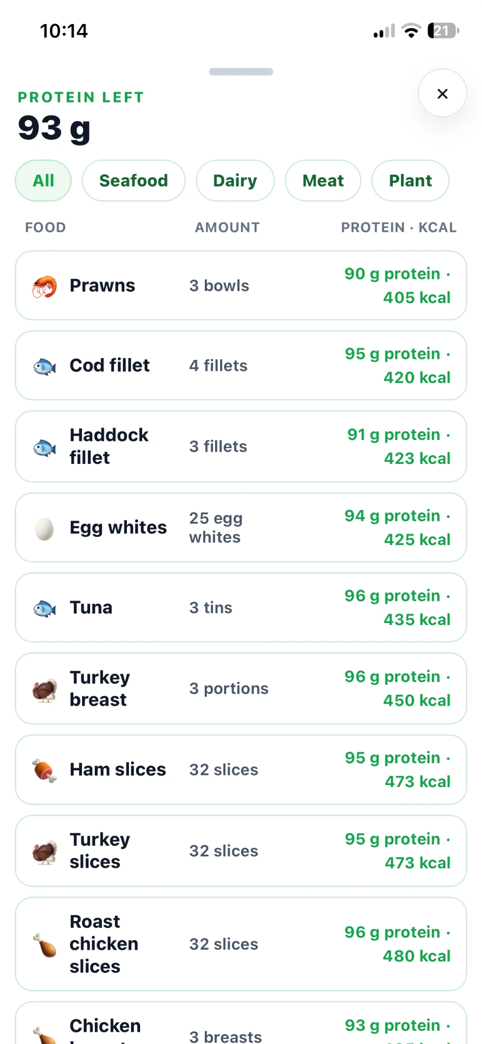 Protein Left screen offering seafood, dairy, meat and plant filters and foods with their suggested portions, protein grams and calories