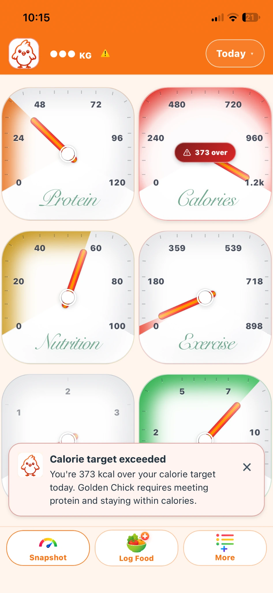 Chick Snapshot with red calorie gauge and Calorie target exceeded message explaining a 373 kcal overage