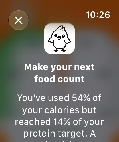 Apple Watch Golden Wings message: Make your next food count, after using 54 percent of calories but reaching 14 percent of protein target
