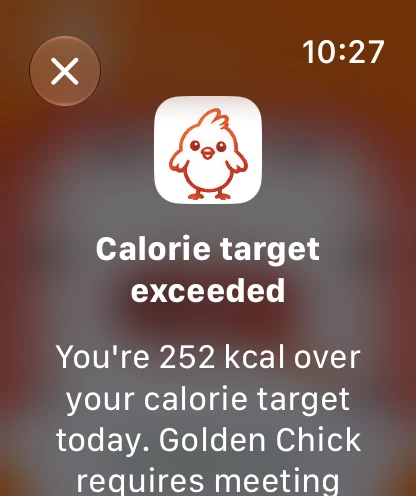 Apple Watch Calorie target exceeded message explaining a 252 kcal overage