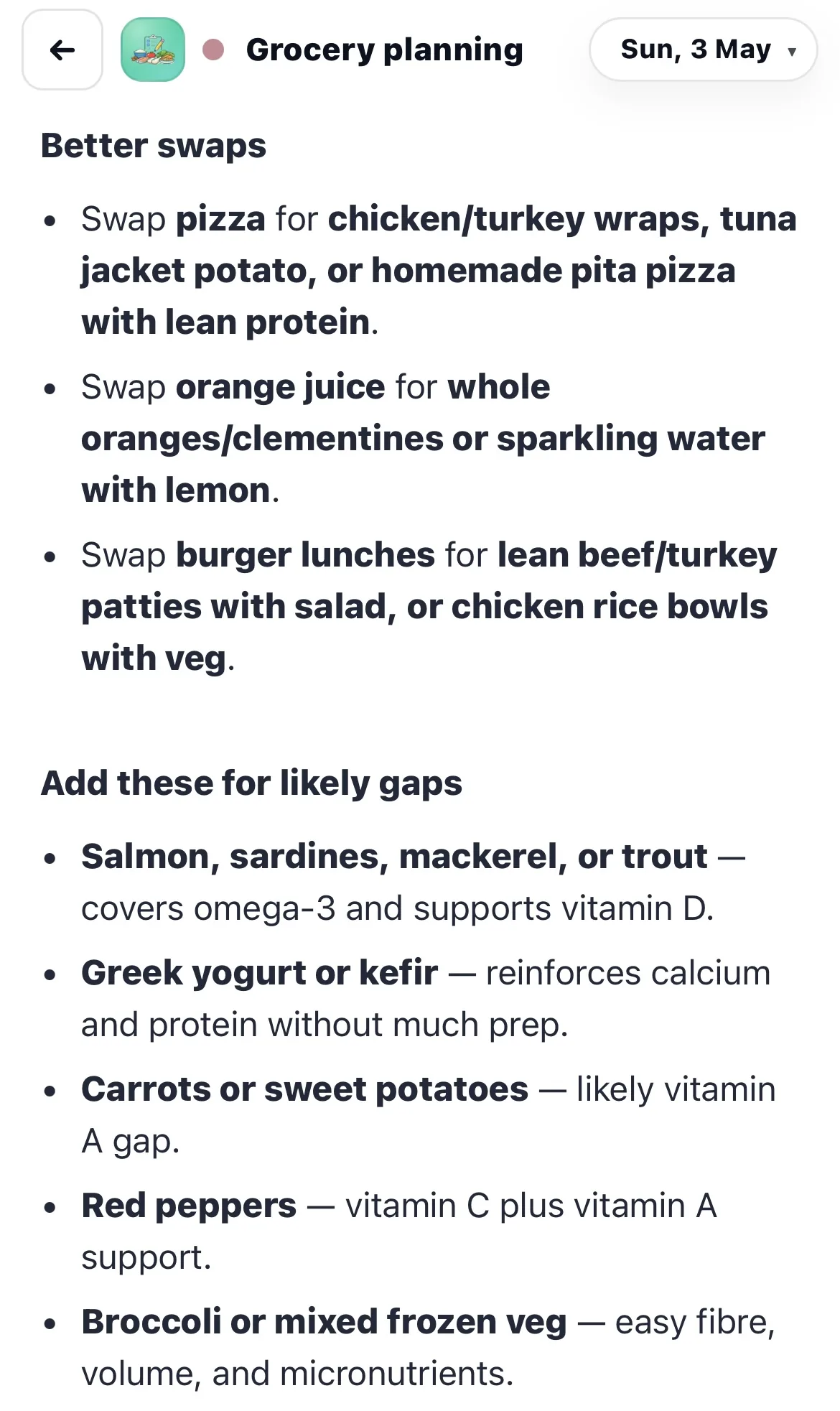 Grocery plan showing better swaps and likely gaps