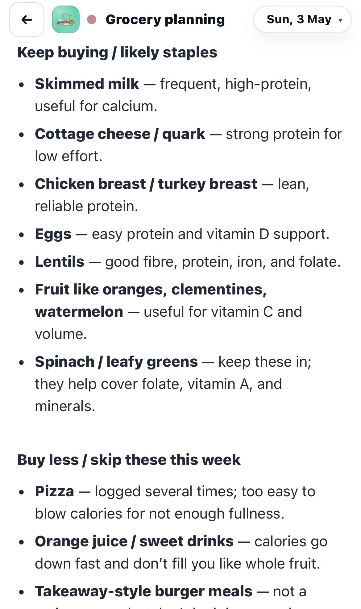 Grocery plan showing staples to keep buying