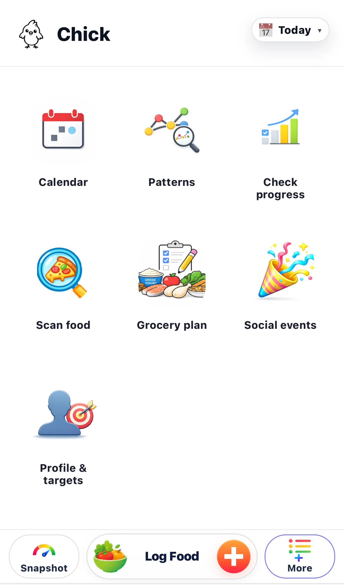 Chick app hub showing calendar, patterns, progress, food scan, grocery plan, social events, profile and targets