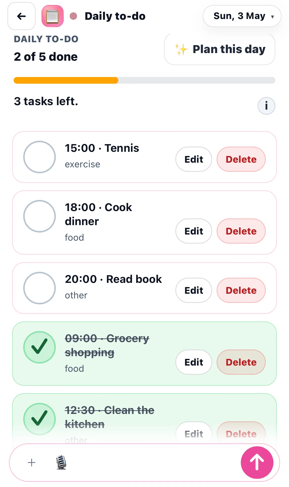 Chick daily to-do screen showing planned tasks and completed actions