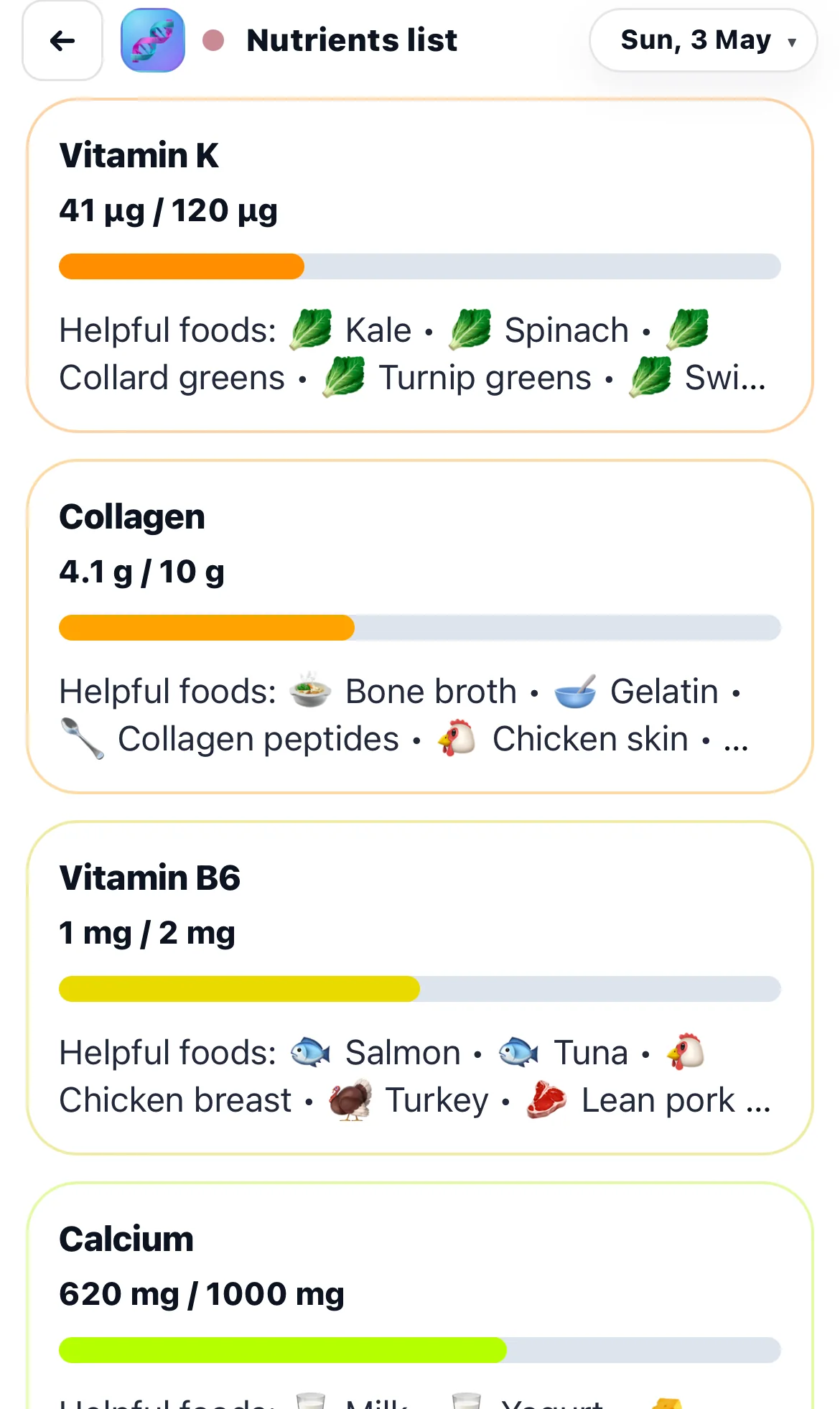 Chick nutrients list showing vitamins, collagen, calcium and helpful food suggestions