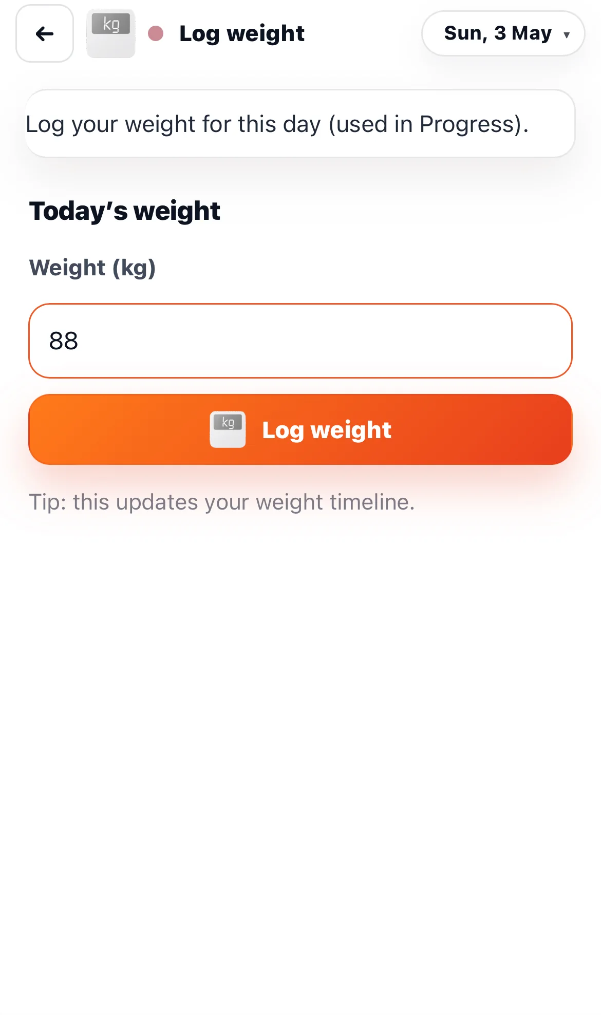 Chick log weight screen for recording today’s weight