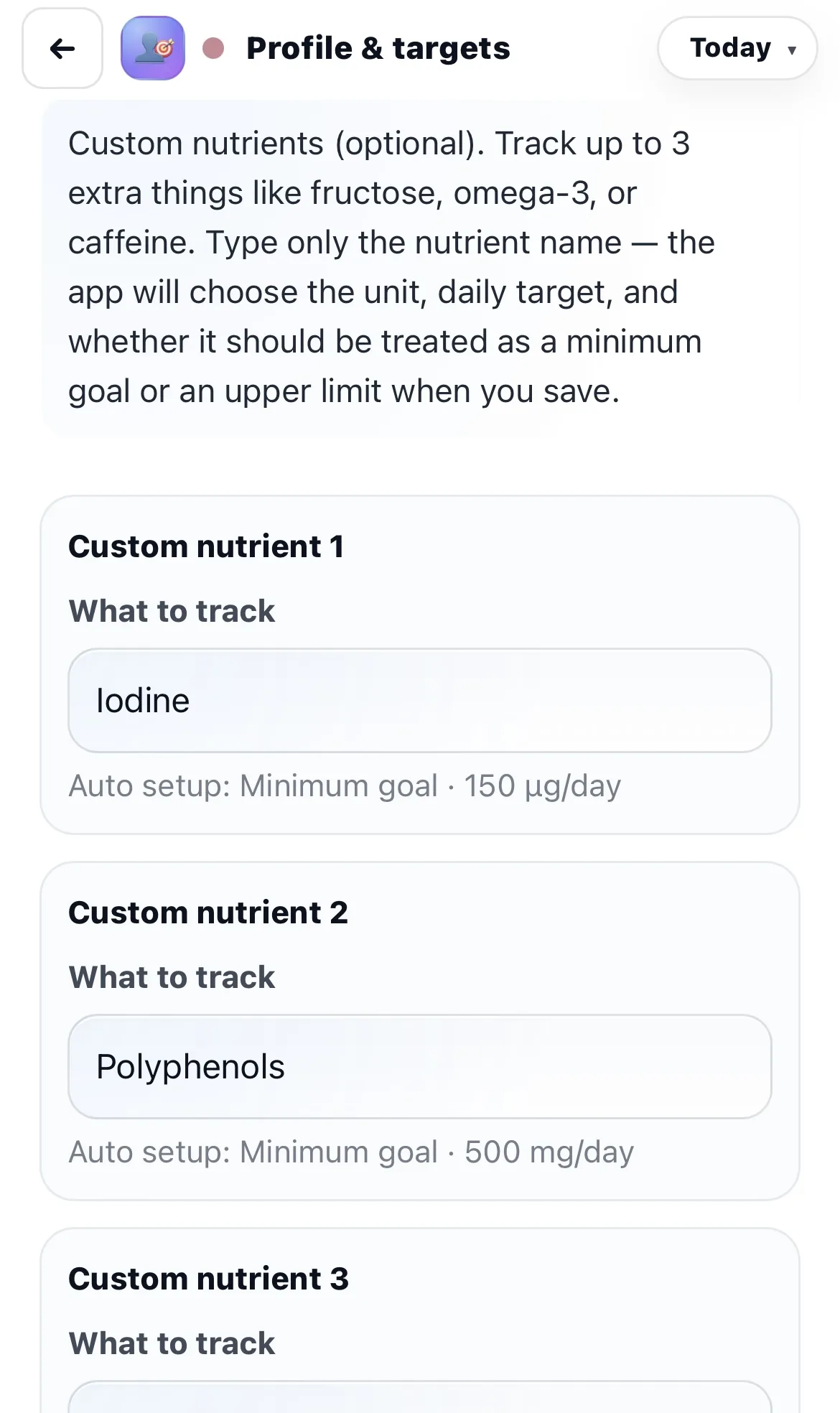 Chick custom nutrient targets setup screen