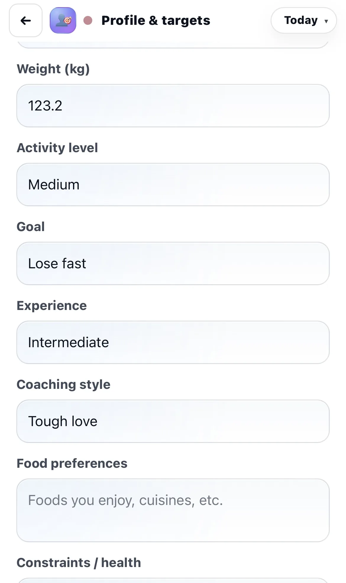 Chick Profile & Targets goal, activity level and coaching style setup screen