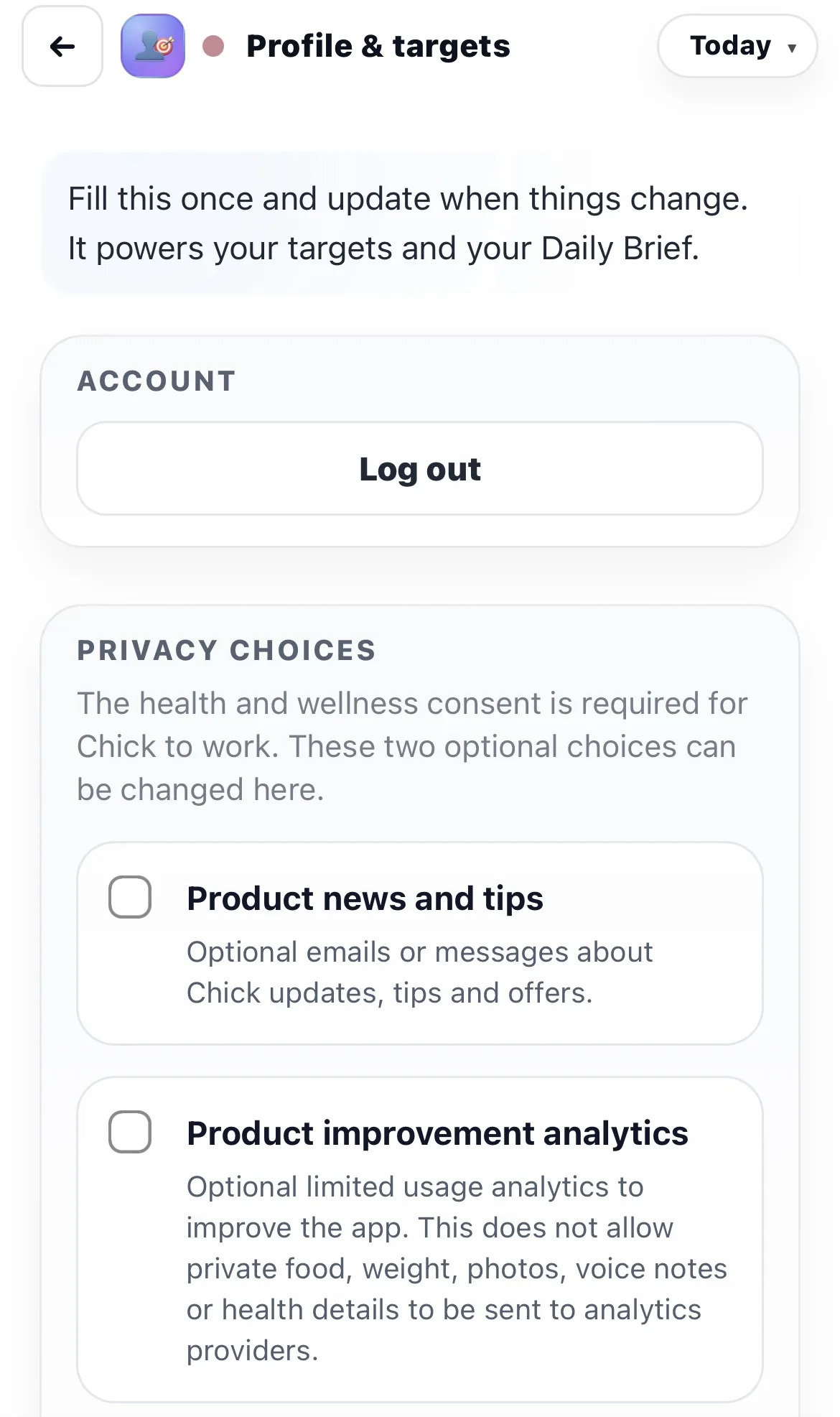 Chick Profile & Targets account and privacy preferences screen