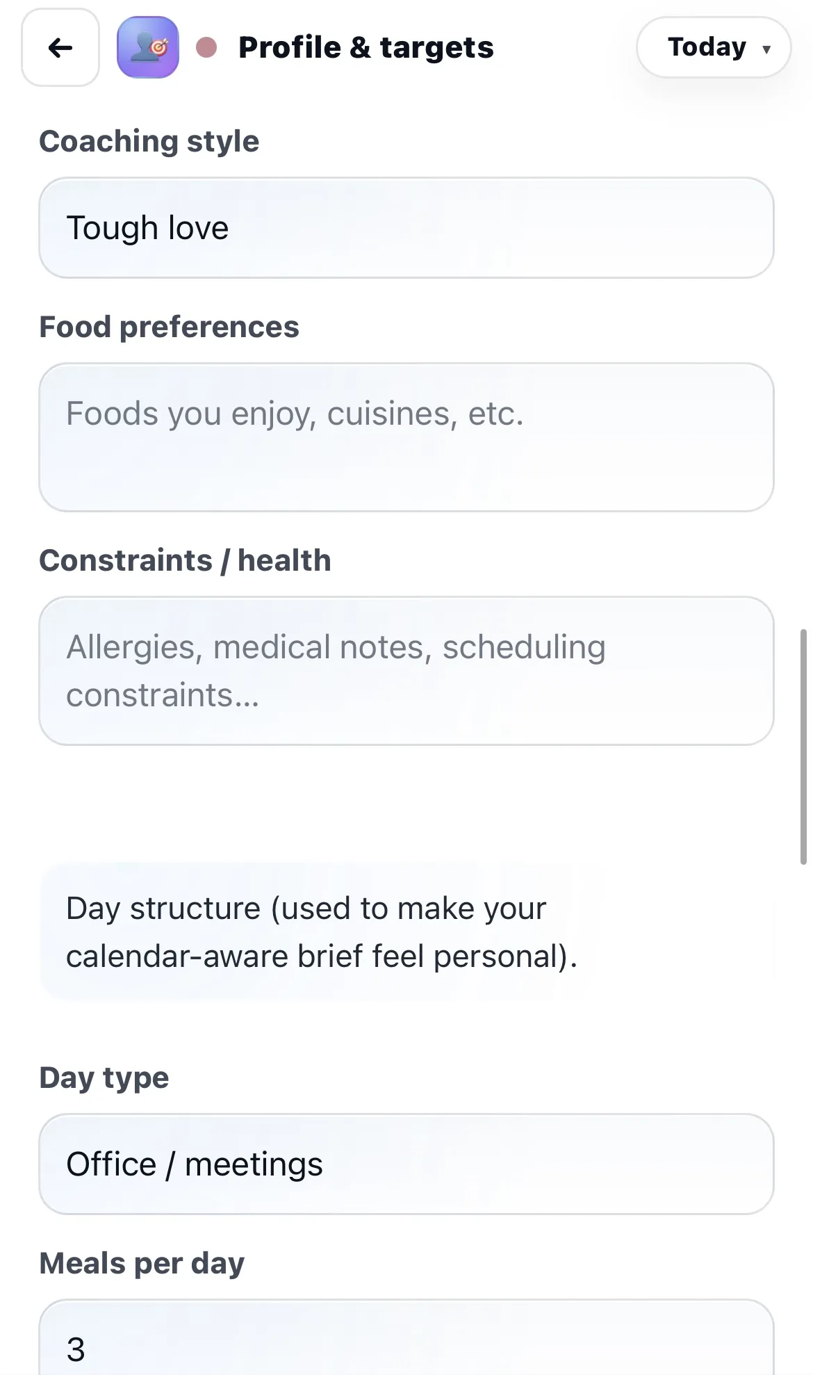 Chick routine, preferences and health constraints profile screen