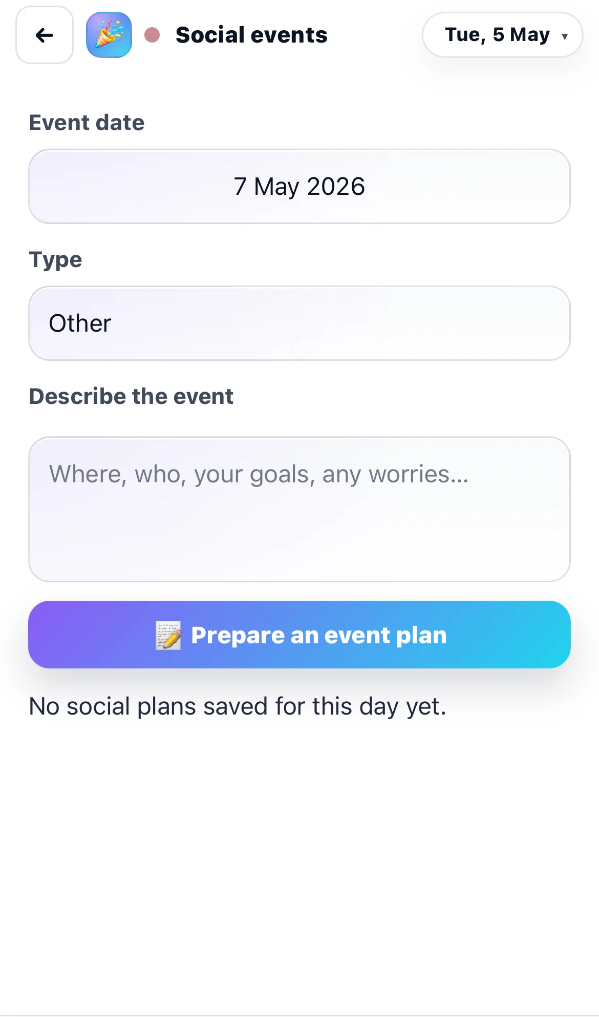 Chick social events screen for planning meals around real-life situations