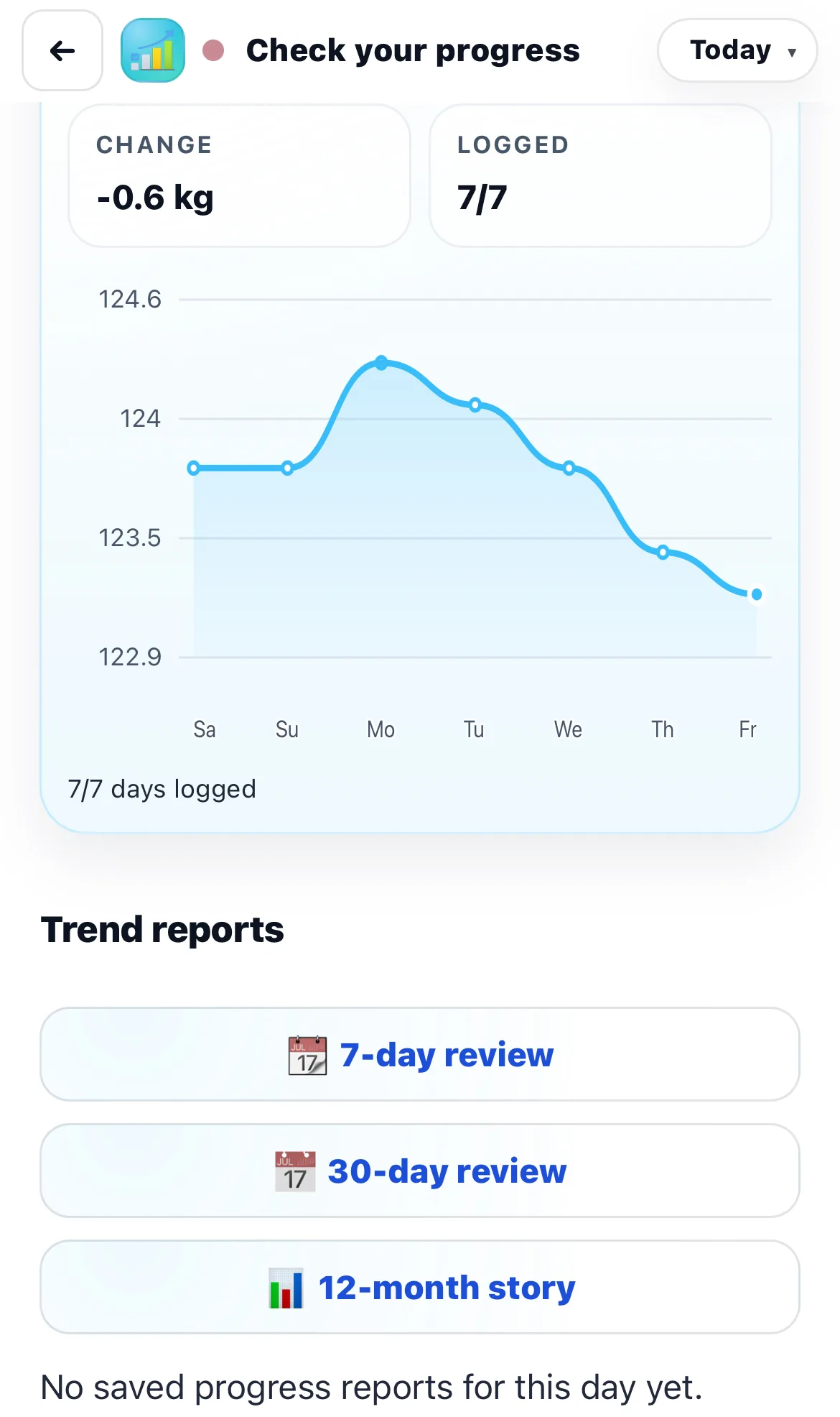 Progress reports screen showing 7-day, 30-day and 12-month report options.
