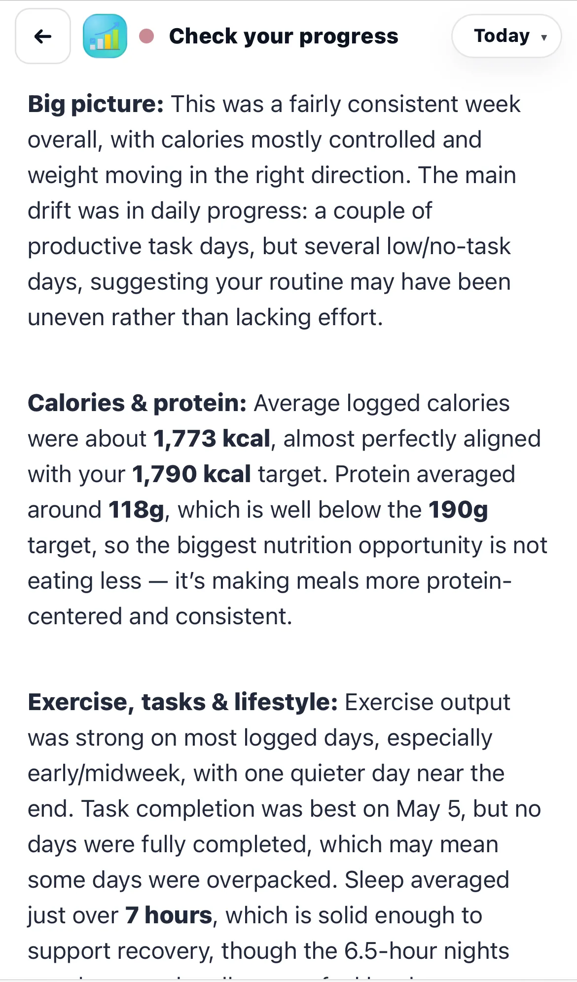 Weekly report explaining the big picture, calories, protein, exercise and lifestyle context.