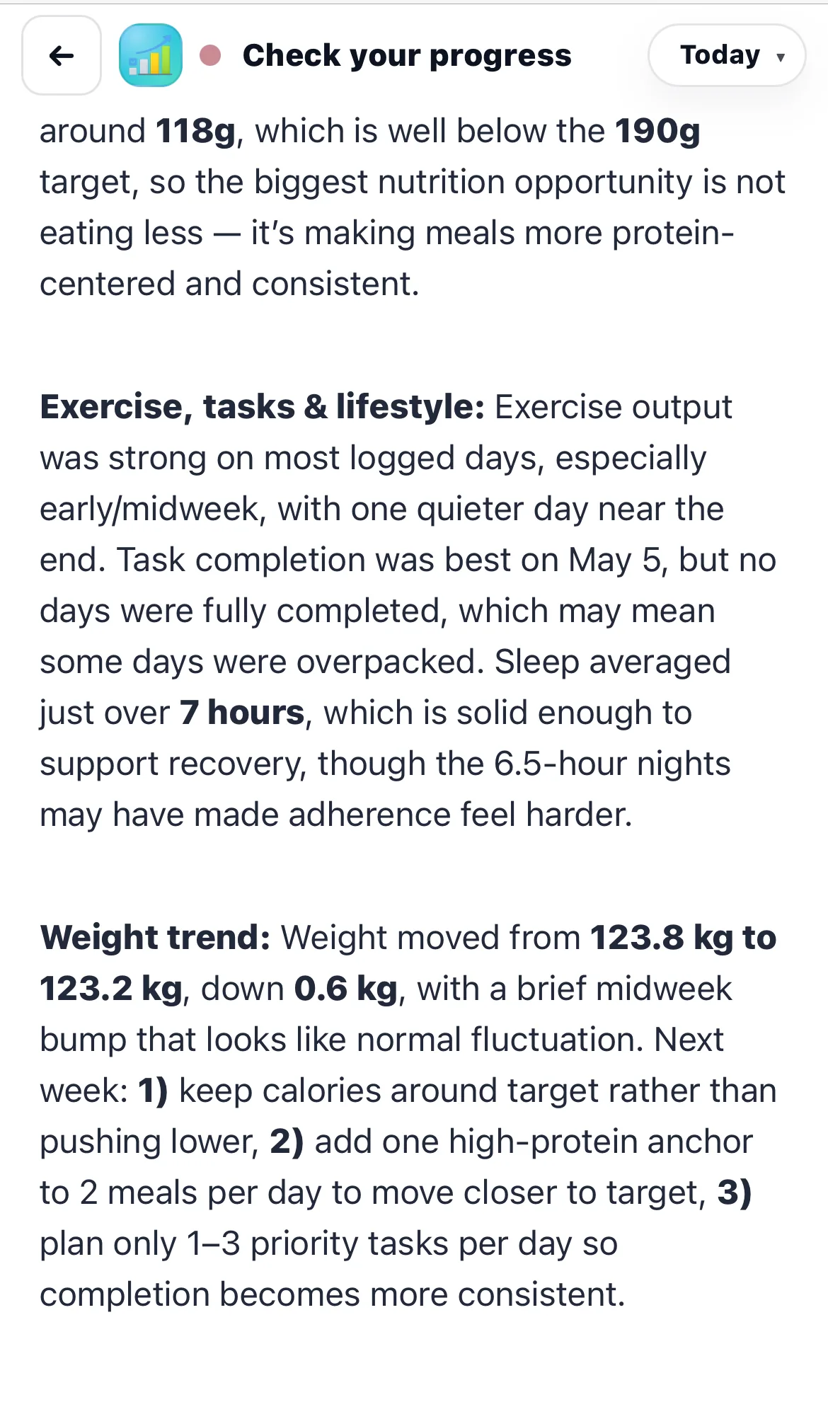 Weekly report detail explaining calories, protein, exercise, sleep and next steps.