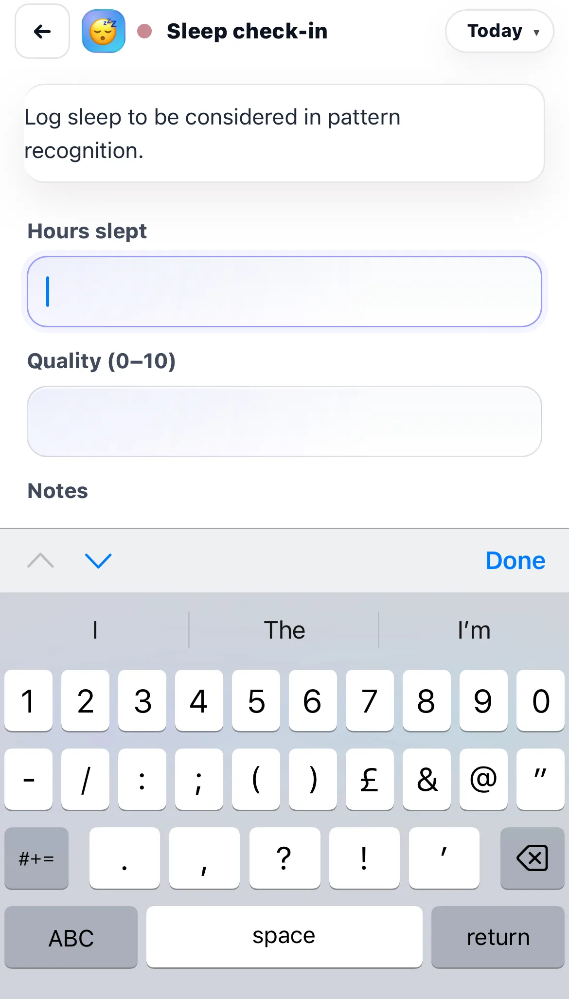 Snapshot screen with sleep context for the day