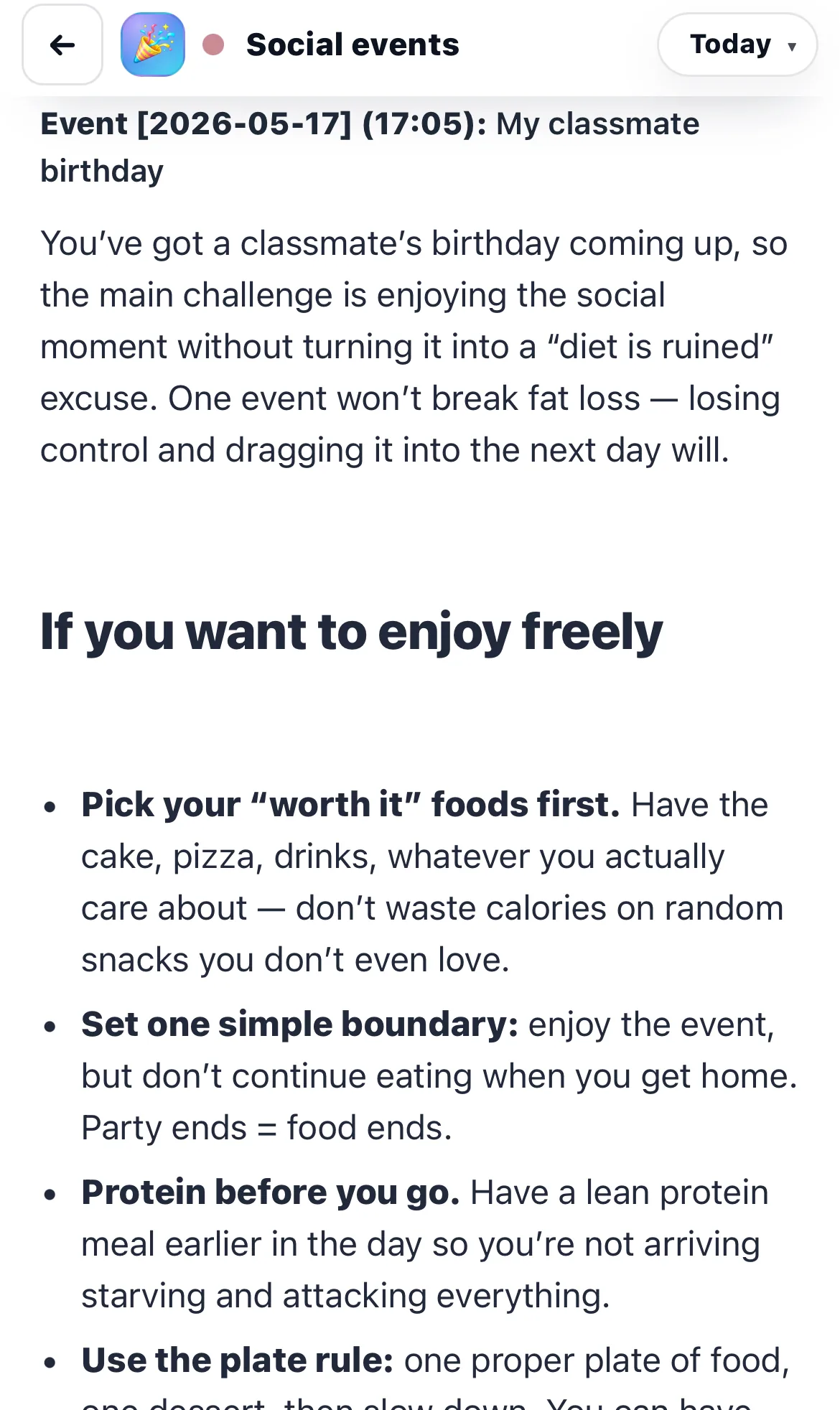 Social event plan with guidance for enjoying freely