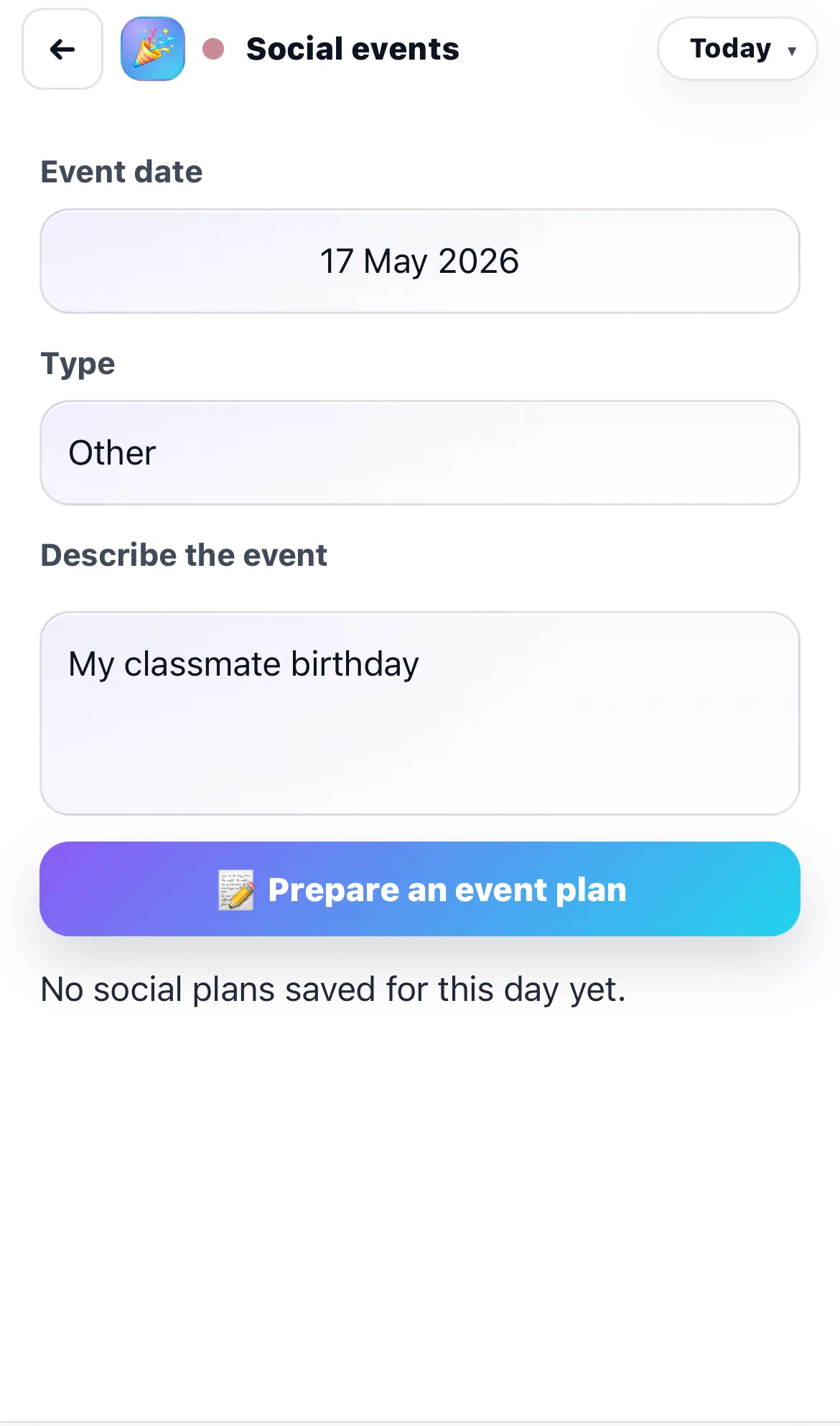 Social planning screen for preparing an event plan