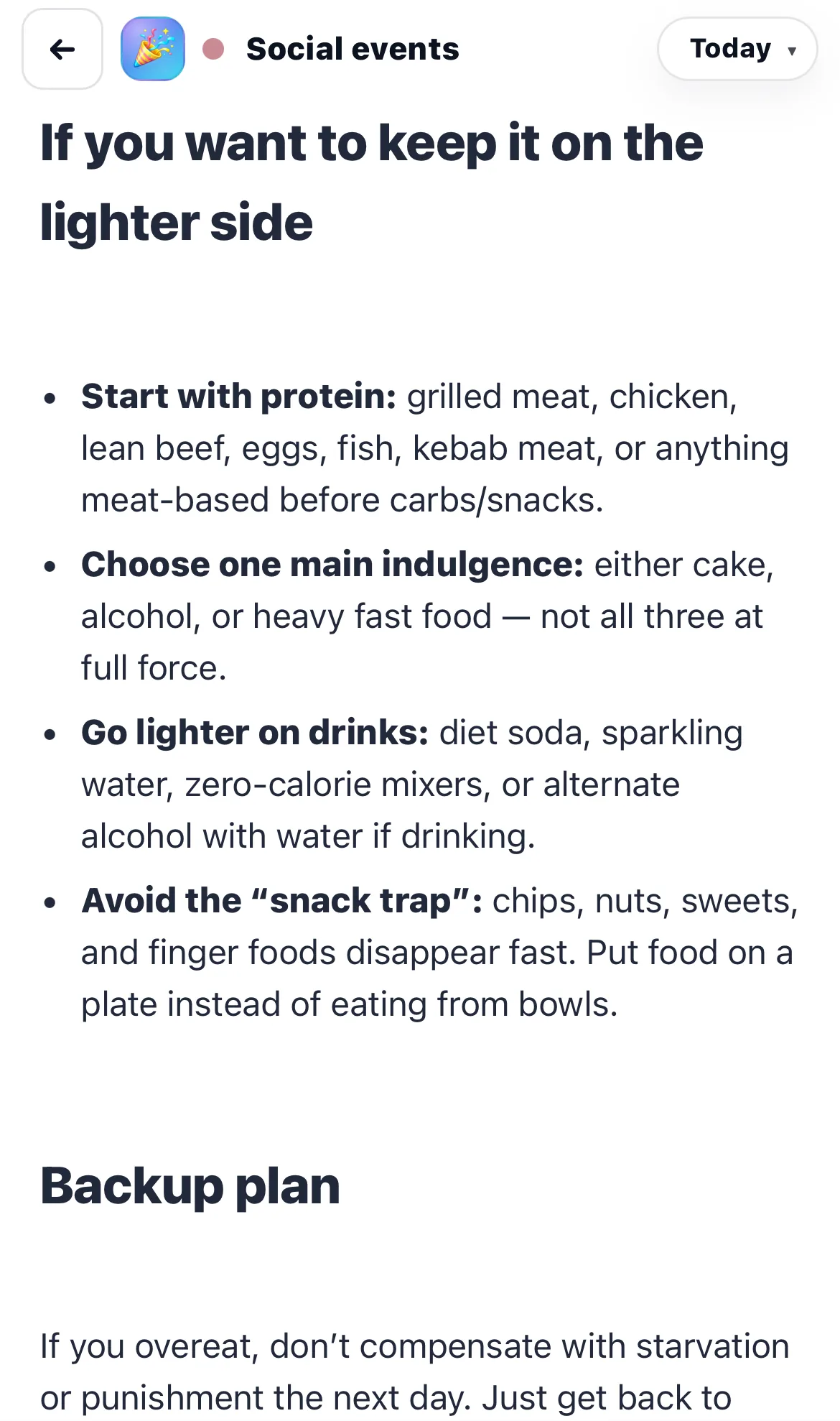 Social event plan with lighter-side food choices and backup plan
