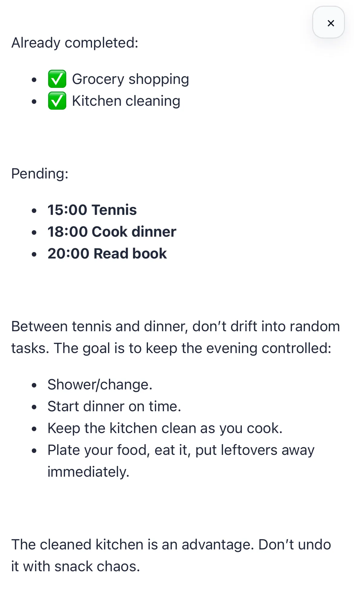 Chick task action plan with completed and pending tasks