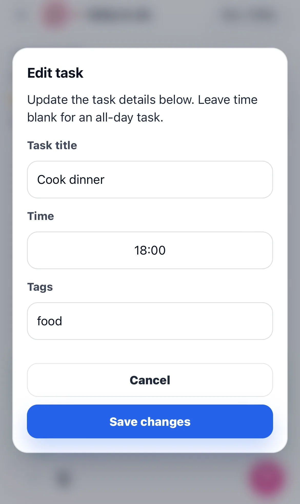 Edit a Chick task for cooking dinner