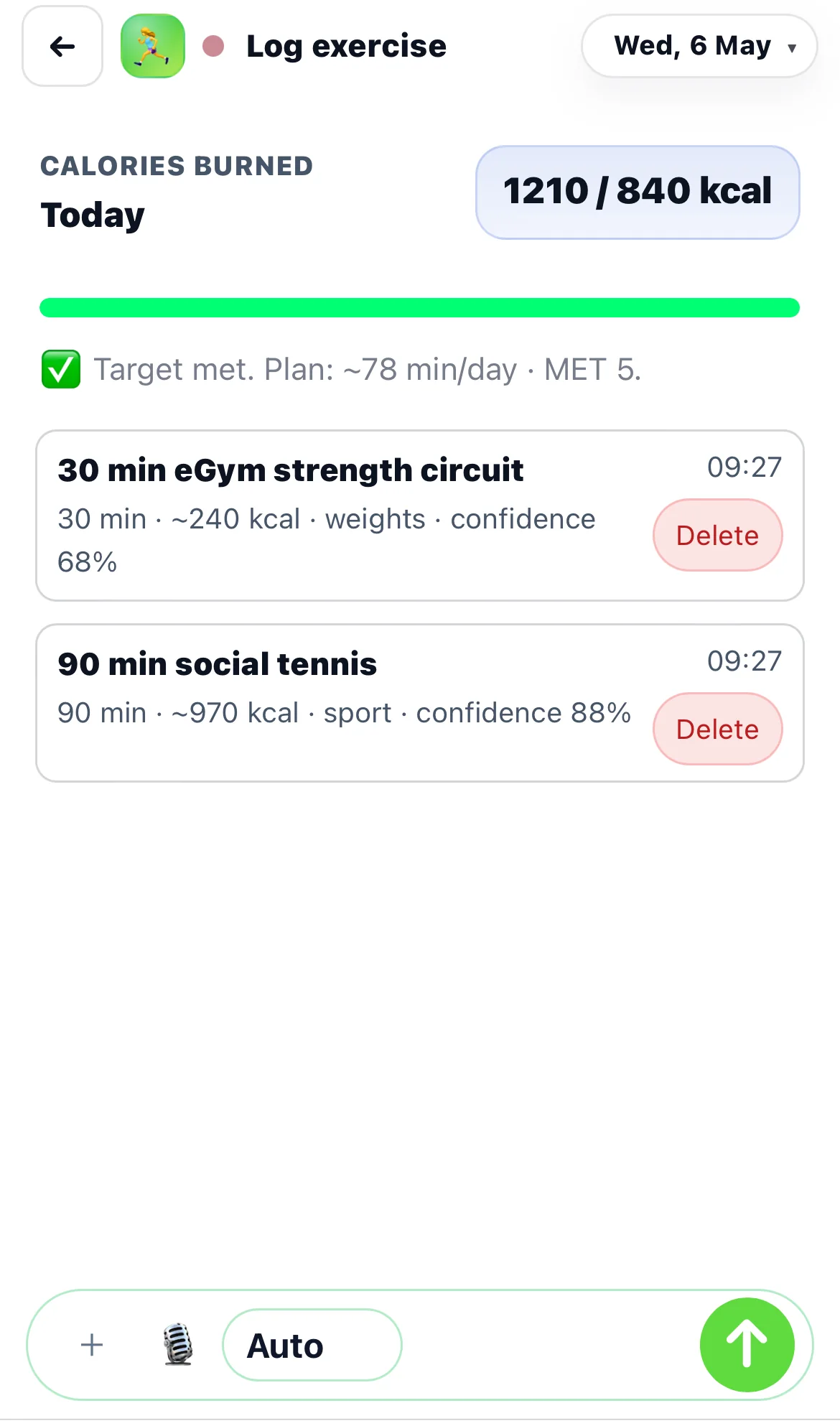 Chick exercise log showing today's calories burned and logged activities