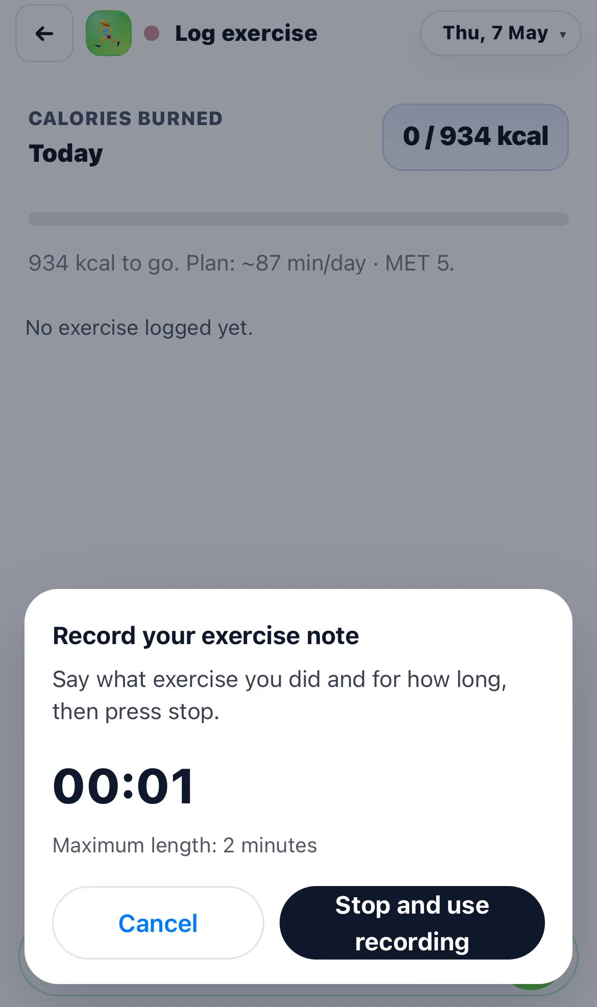Voice note screen for recording exercise details